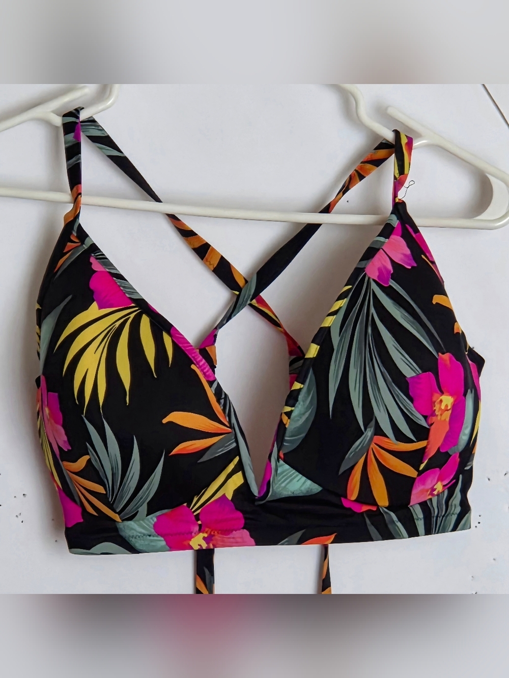 Tropical Floral Black Plunge Bikini Top (Sz. XL/38D)